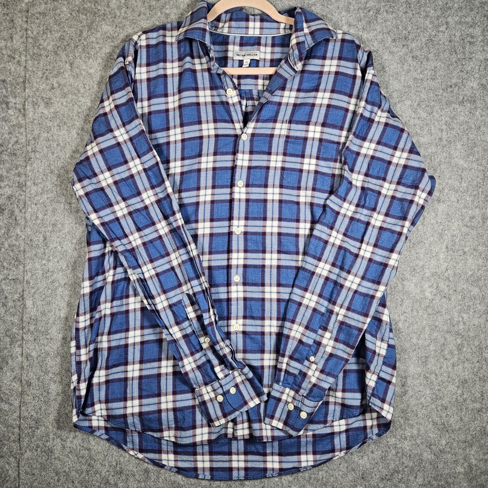 Peter Millar Mens Blue Red Plaid Long Sleeve Casual Button Up Shirt Size XL